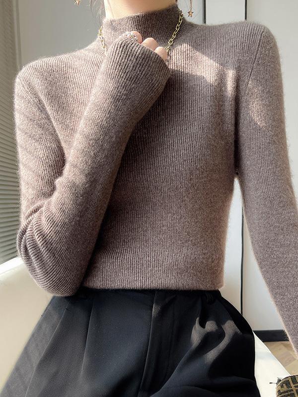 Casual Skinny Long Sleeves Solid Color Half Turtleneck Sweater Tops Product Image