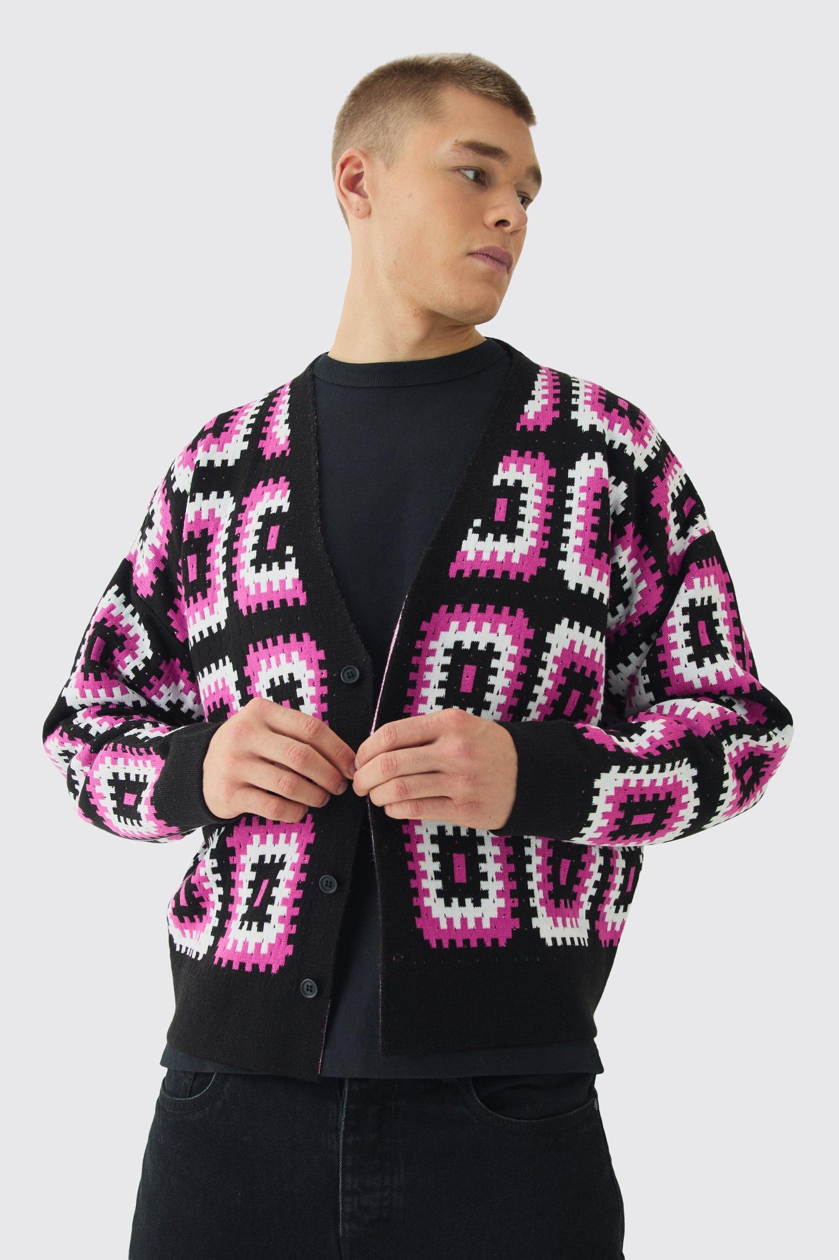 Mens Oversized Boxy Crochet Cardigan - Pink Product Image