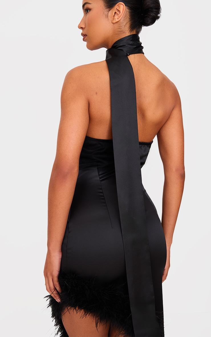 Black Satin High Neck Feather Trim Maxi Dress Product Image
