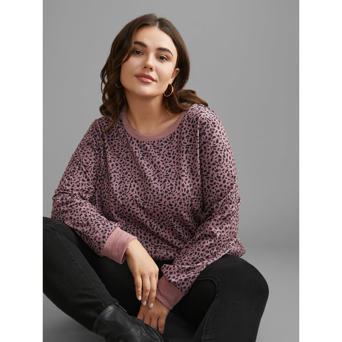 Plus Size Leopard Print Crew Neck Stretchy Sweatshirt Women DustyPink Casual Contrast Round Neck Everyday Sweatshirts BloomChic 10/M Product Image