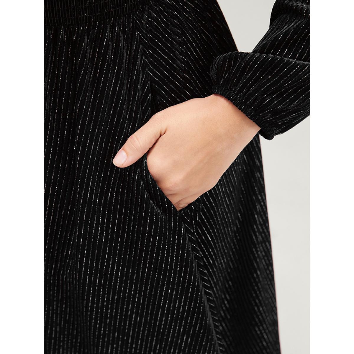 Plus Size Glitter Lantern Sleeve Surplice Neck Shirred Dress Black Women Party Plain V-neck Long Sleeve Curvy Knee Dress BloomChic 26/4X Product Image