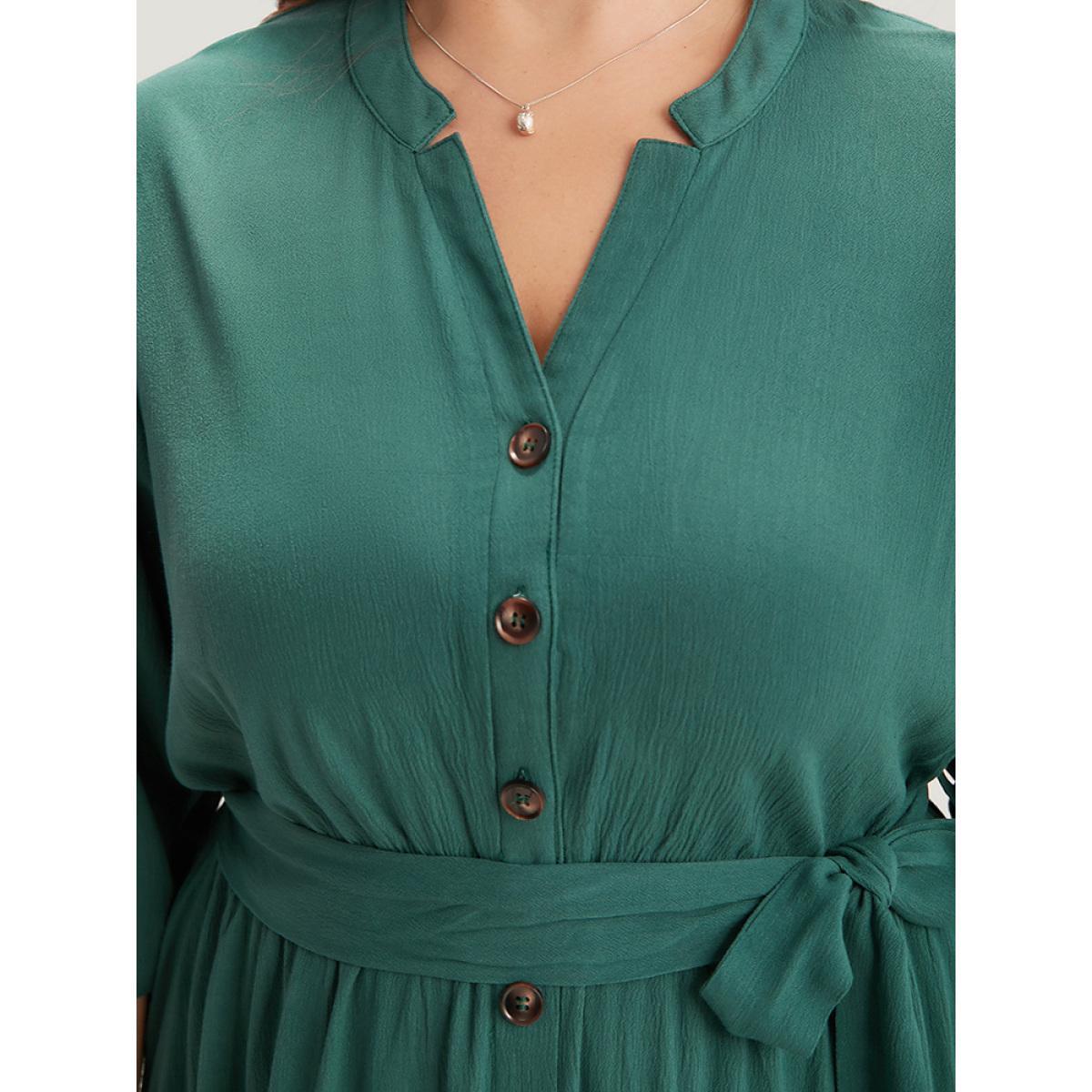Plus Size Solid Button Detail Pocket Belted Notched Dress Emerald Women Office Plain Notched collar Elbow-length sleeve Curvy Midi Dress BloomChic 18-20/2X Product Image
