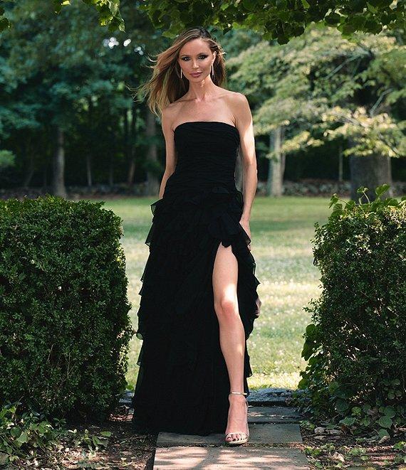 Muse by Marchesa Dahlia Chiffon Ruched Cascading Ruffle Strapless A-Line Maxi Dress Product Image