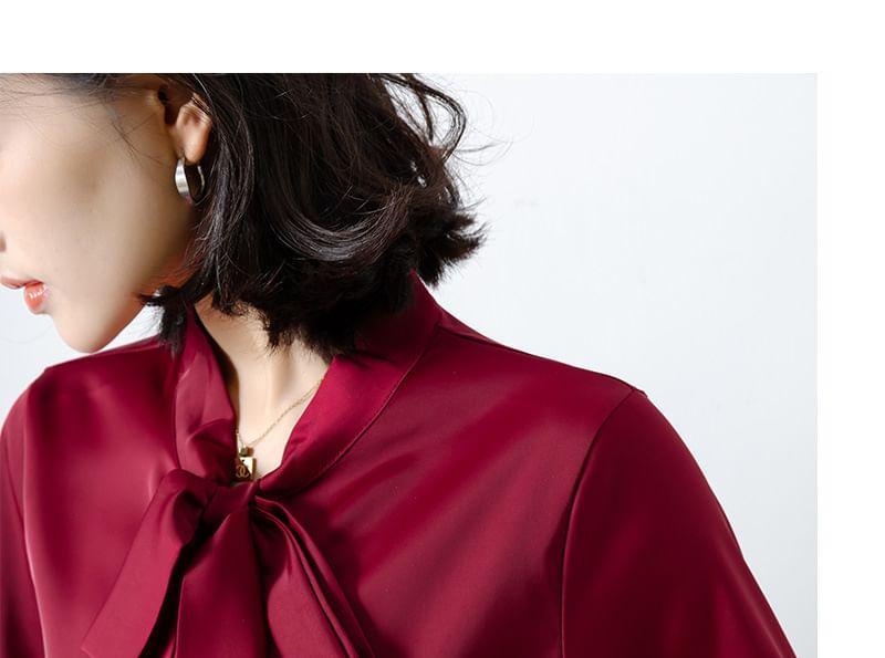 Long-Sleeve Tie-Neck Plain Button-Up Blouse Product Image
