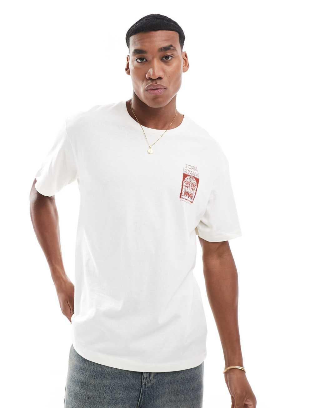 Jack & Jones oversized T-shirt with Porta Romana print in beige Product Image