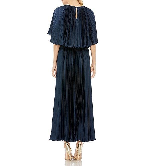 Mac Duggal Pleated Short Sleeve Belted Caplet Maxi Dress Product Image