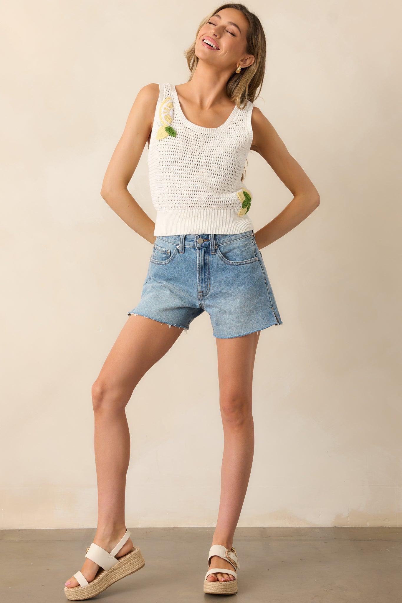 Out Of Office Ivory Cotton Lemon Crochet Knit Tank Top Product Image
