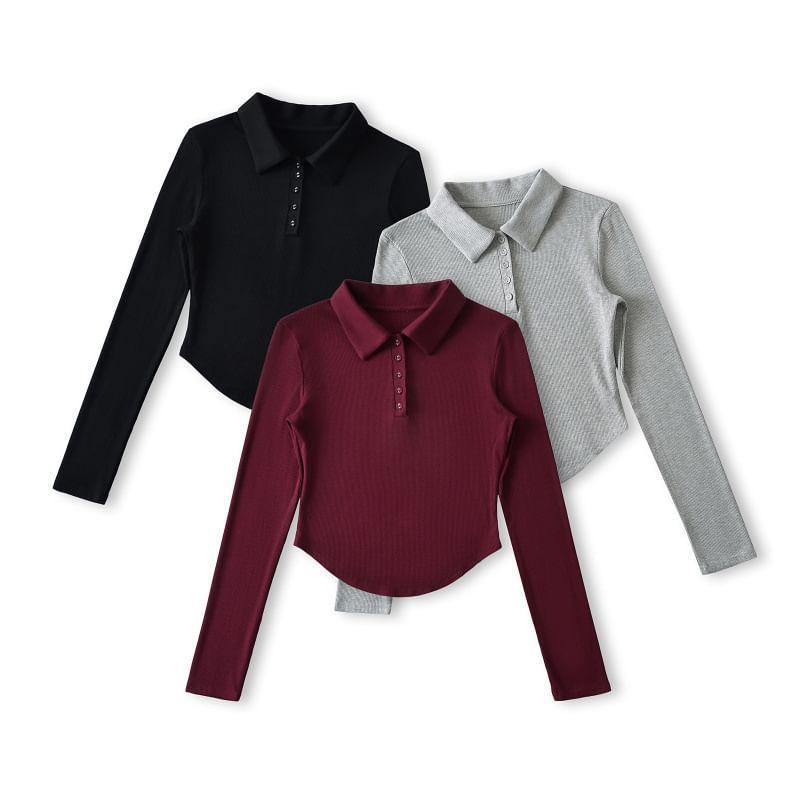 Long-Sleeve Plain Polo Shirt Product Image
