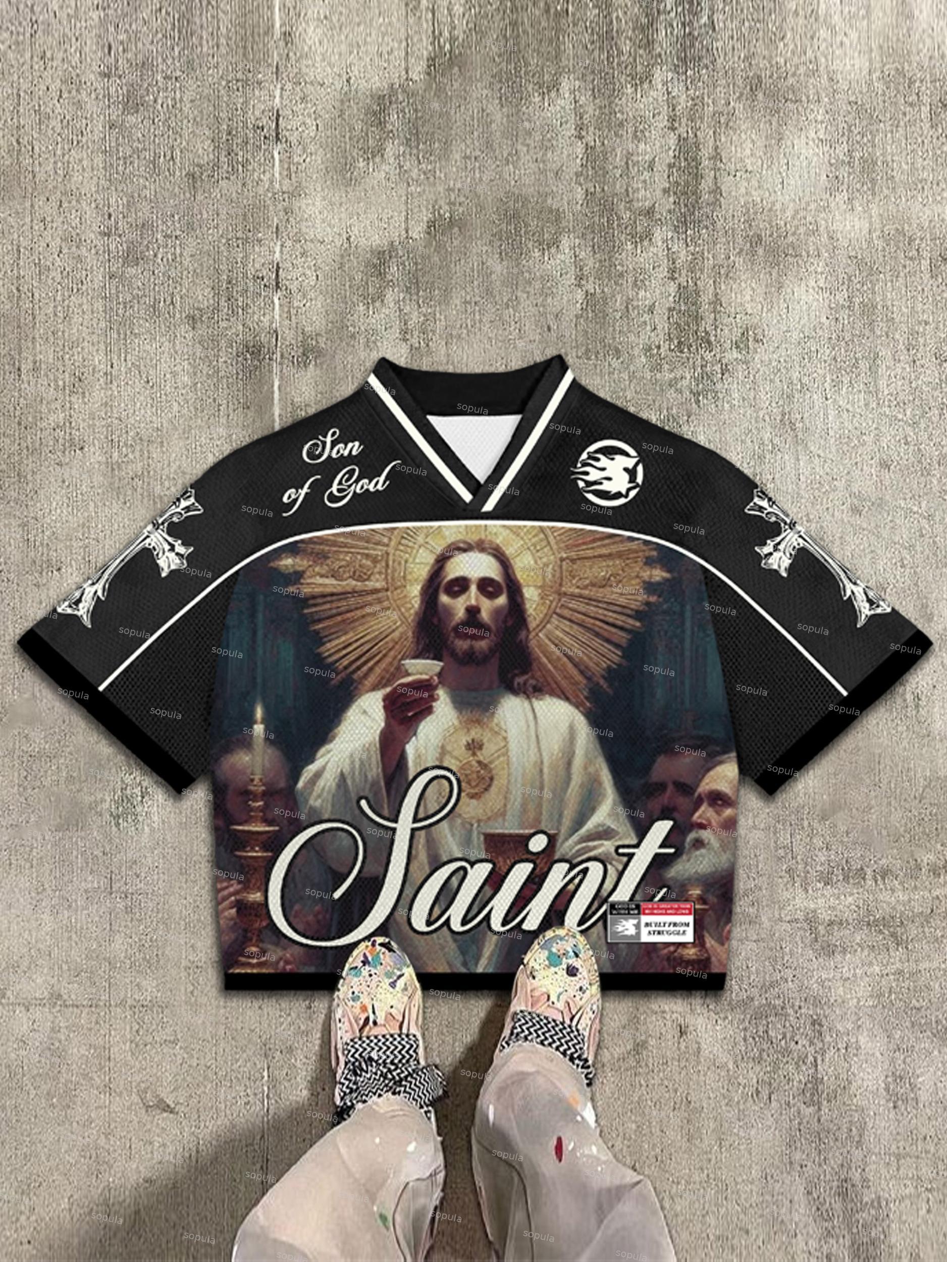 Son Of God Saints Jesus Graphic Blokecore Blokette Football V-neck T-shirt Product Image