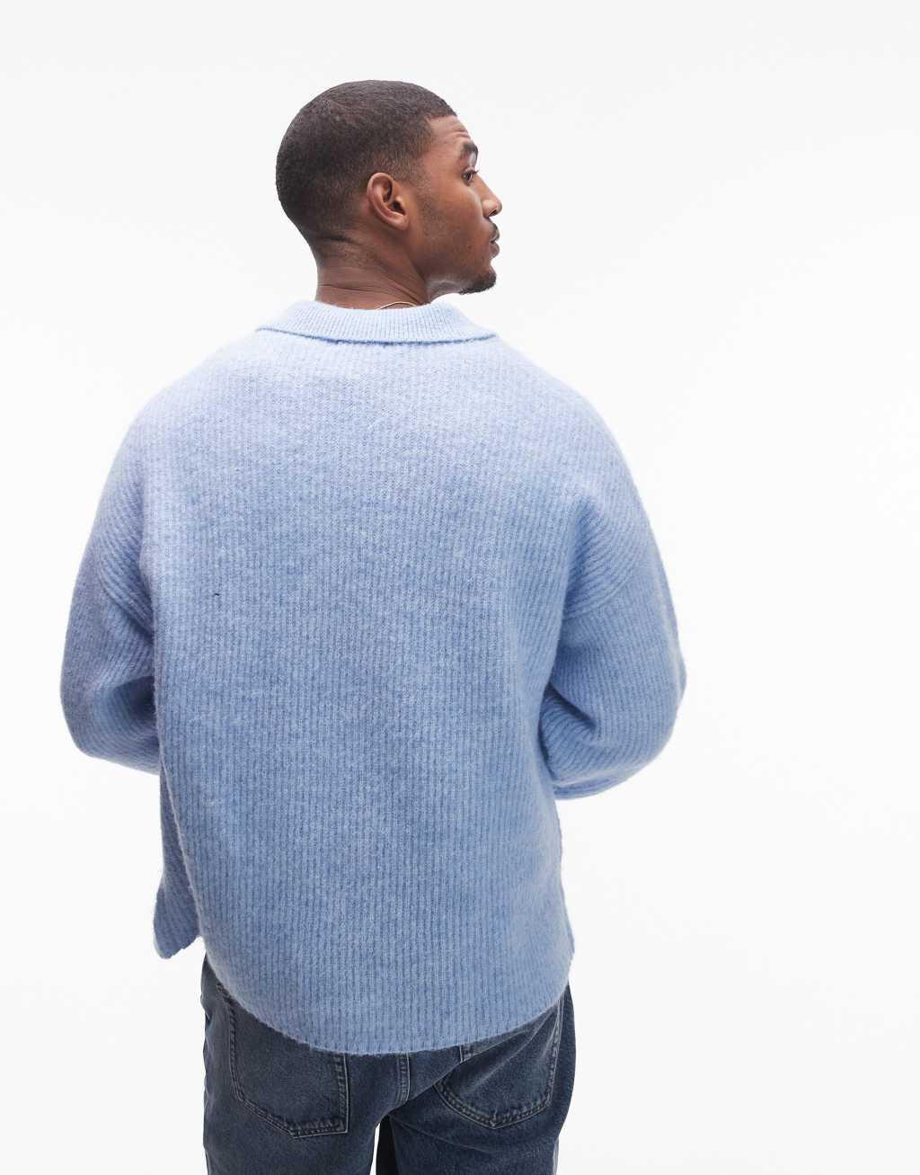 Topman relaxed fit brushed collared cardigan in light blue Product Image