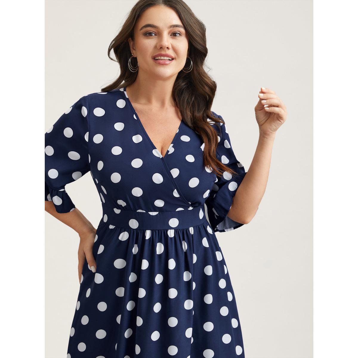 Plus Size Polka Dots Surplice Neck Waist-Cinched Dress Navy Women Elegant Ruffles Overlap Collar Elbow-length sleeve Curvy BloomChic 12/L Product Image