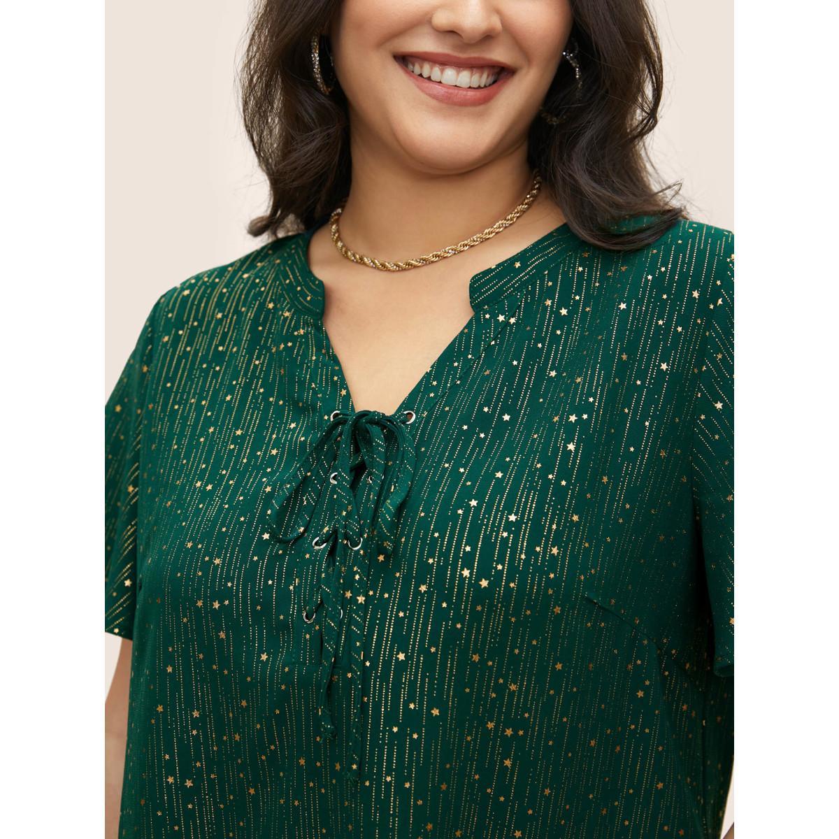 Plus Size ArmyGreen Star Glitter Lace Up Knot Neck Blouse Women Cocktail Short sleeve Notched collar Party Blouses BloomChic 22-24/3X Product Image