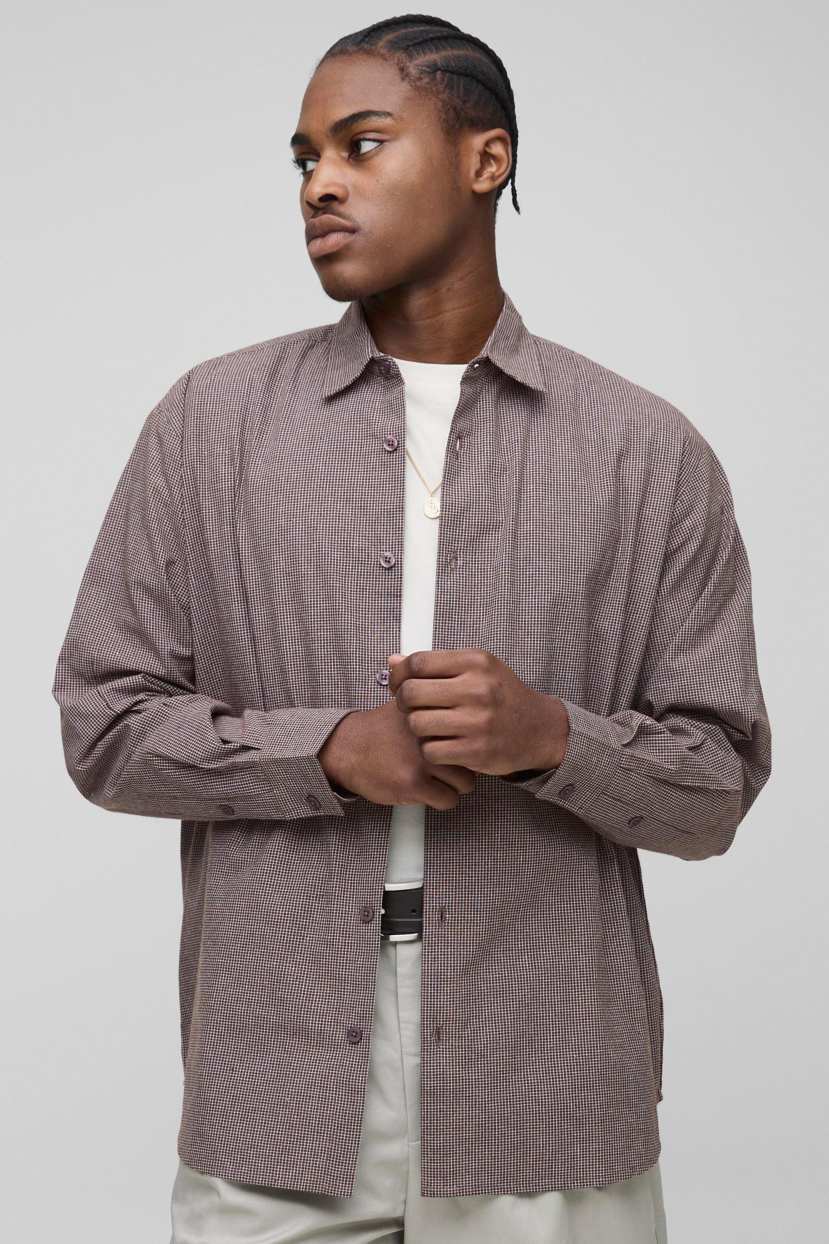 Super Oversized Micro Plaid Long Sleeve Shirt | boohooMAN USA Product Image