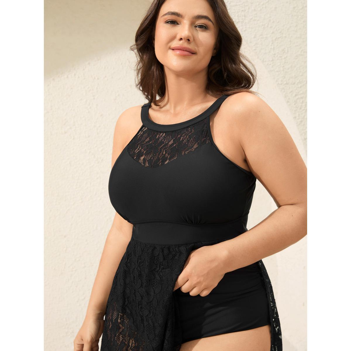 Plus Size Lace Sheer Slit Adjustable Straps Swim Dress Women's Swimwear Black Beach Bodycon Halter neck High stretch Curve Swim Dresses BloomChic 28/5X Product Image