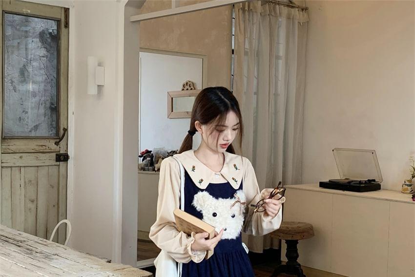 Bear Embroidered Midi Jumper Dress / Flower Embroidered Shirt Product Image