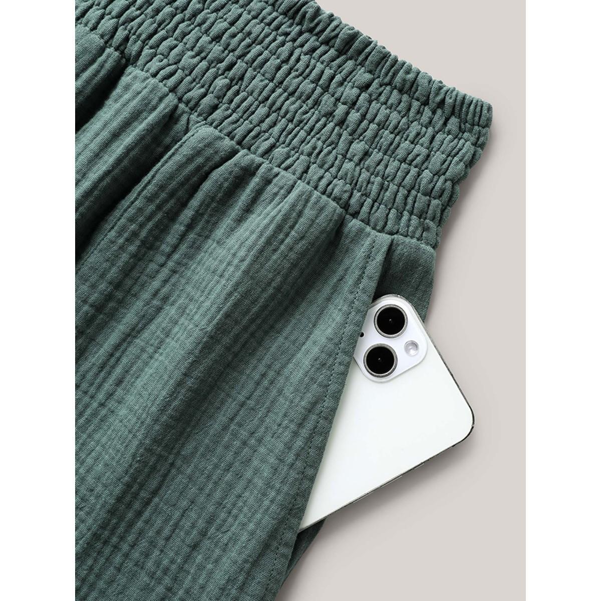 Plus Size Cotton Shirred Textured Wide-Leg Pants Women Teal Resort Wide Leg Mid Rise Vacation Pants BloomChic 22-24/3X Product Image