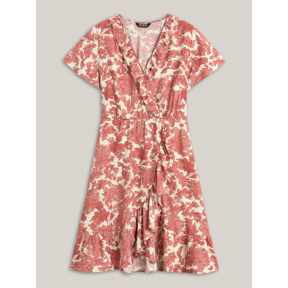 Plus Size Floral Print Wrap Ruffled Midi Dress Crimson Women Overlap Collar Short sleeve Curvy BloomChic 22-24/3X Product Image