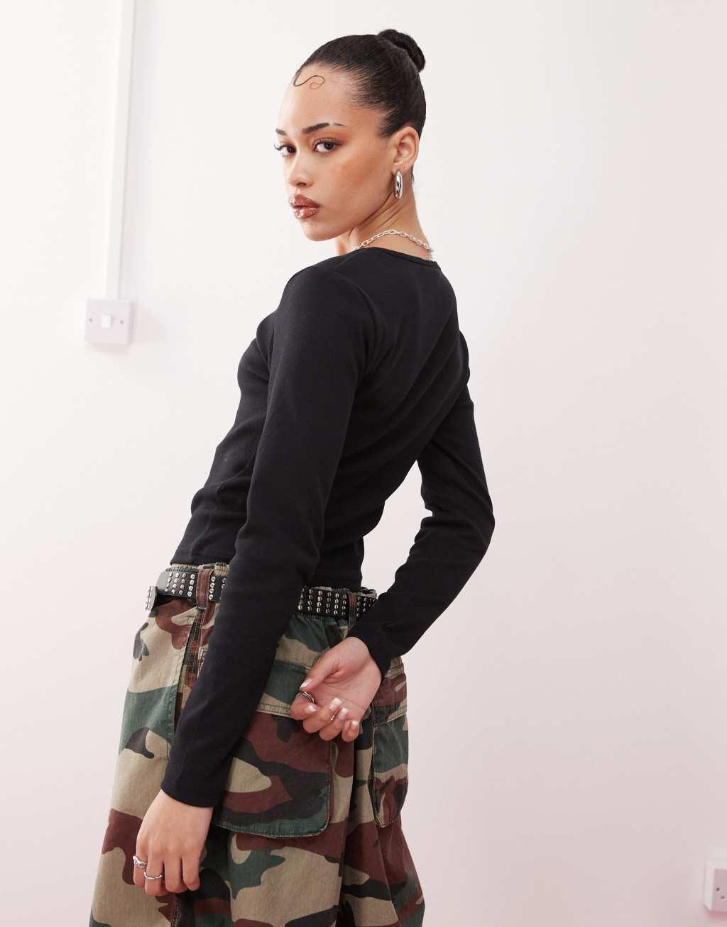 COLLUSION ribbed long sleeve square neck top in black Product Image