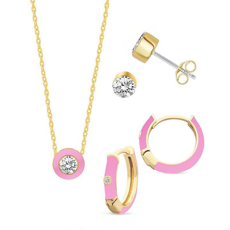 Royal Aura Heart Gold Tone Crystal & Black Enamel Heart Necklace, Huggie Earrings, & Stud Earrings Set, Women's, Size: 17", Gold Tone Black Product Image