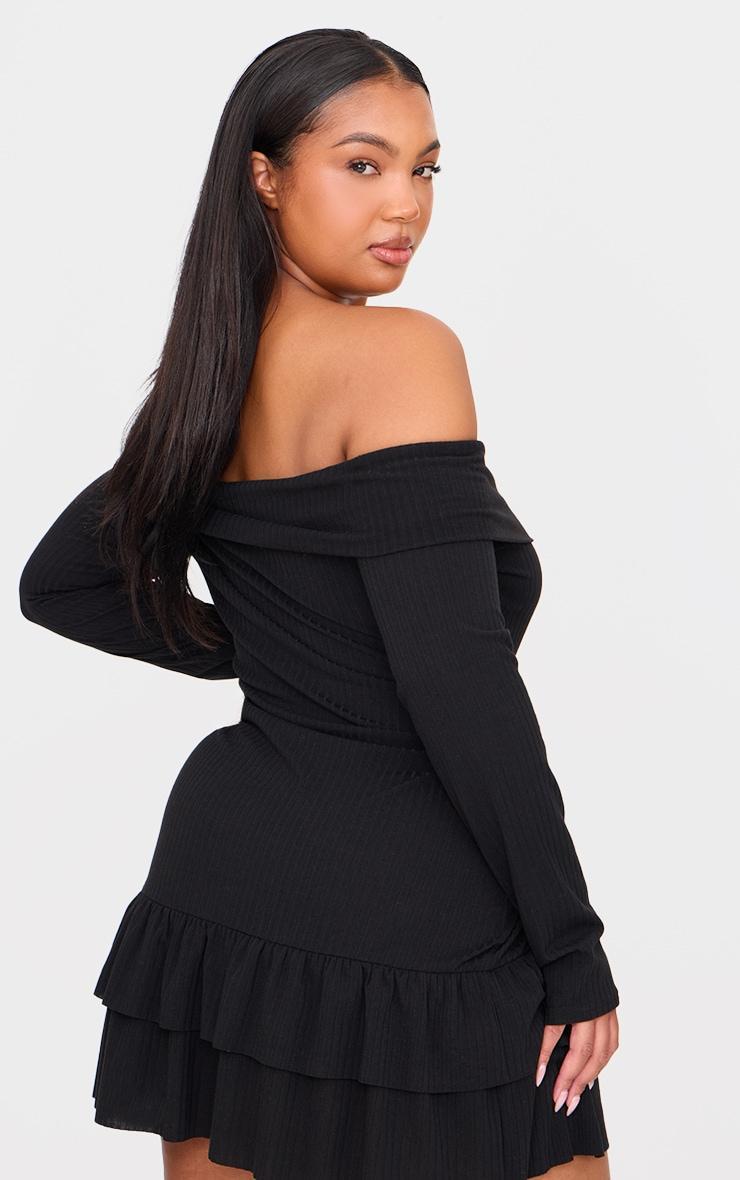 Plus Black Ribbed Bardot Cross Over Bust Detail Shift Dress Product Image