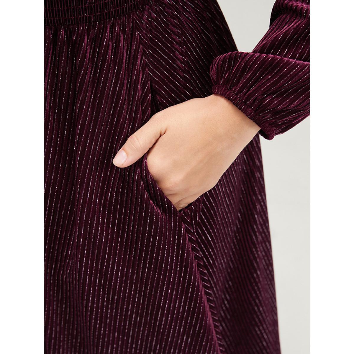 Plus Size Glitter Lantern Sleeve Surplice Neck Shirred Dress Burgundy Women Party Plain V-neck Long Sleeve Curvy Knee Dress BloomChic 28/5X Product Image