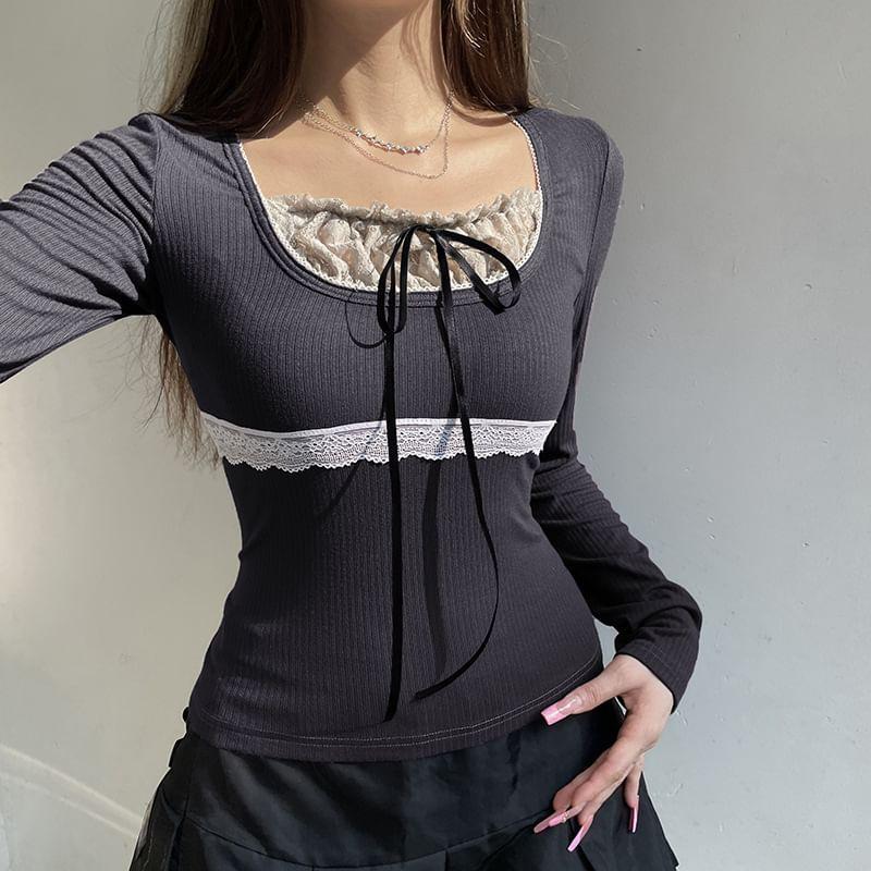 Short Sleeve / Long Sleeve Mock Two Piece Lace-Panel Tie-Front Crop Top Product Image