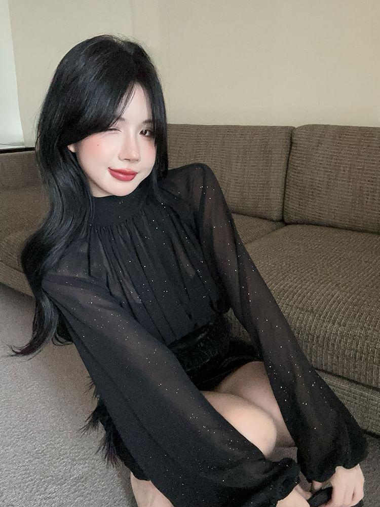 Long-Sleeve Mock Neck Plain Glitter Blouse / High Rise Fringe Mini Pencil Skirt Product Image