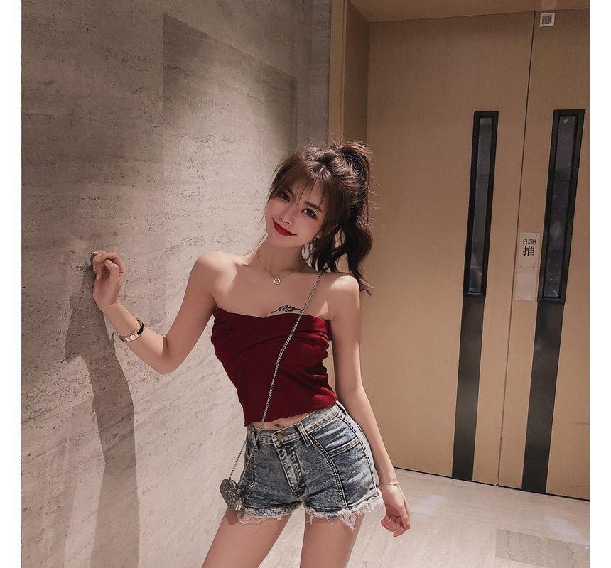 Strapless Plain Crop Knit Top Product Image