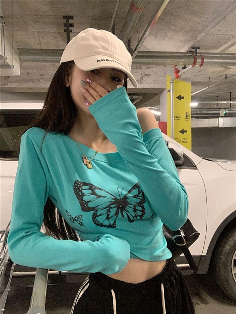 Long-Sleeve One-Shoulder Butterfly Print Cropped T-Shirt Product Image