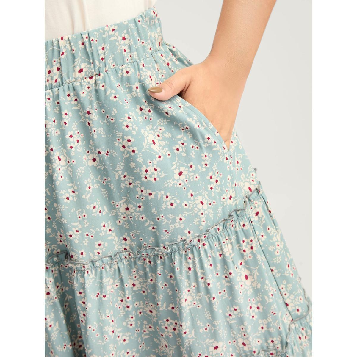 Plus Size Floral Print Stretchy Waist Tiered Midi Skirt Women Stone Loose No stretch Side seam pocket Vacation Skirts BloomChic 28/5X Product Image