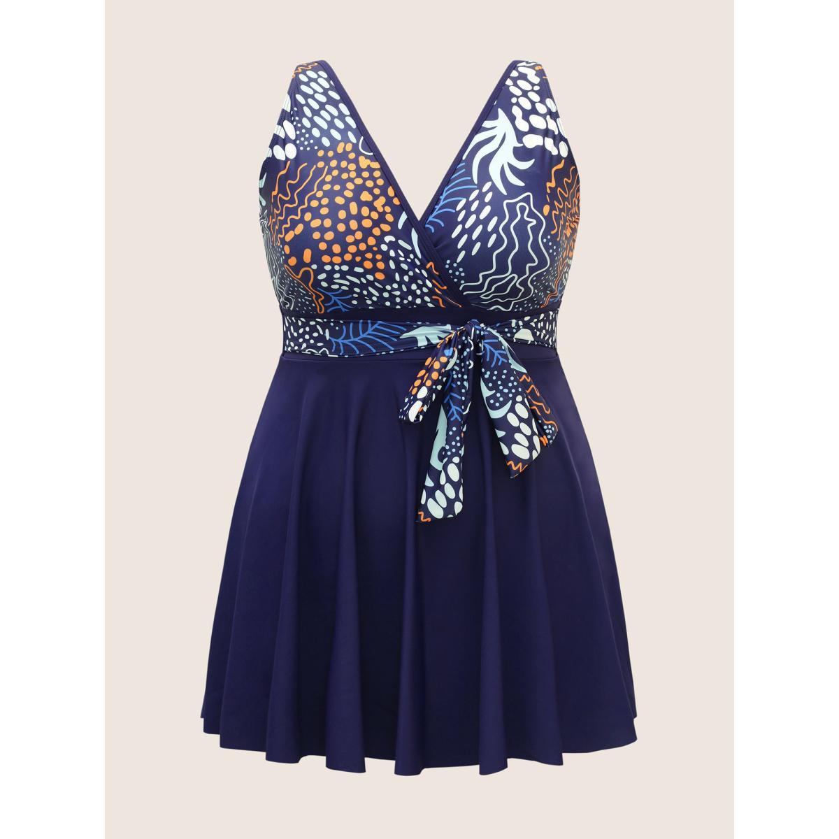 Plus Size Marine Elements Patchwork Tie Knot Swim Dress Women's Swimwear Indigo Beach Bodycon V-neck High stretch Curve Swim Dresses BloomChic 14-16/1X Product Image
