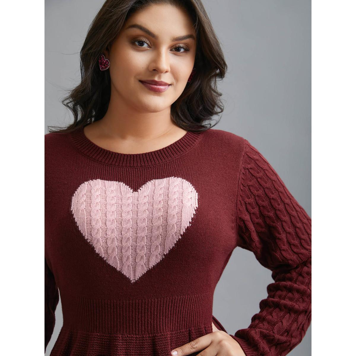 Plus Size Heart Motif Contrast Textured Dress Deepred Women Elegant Bodycon Long Sleeve Everyday Sweater Dresses BloomChic 28/5X Product Image
