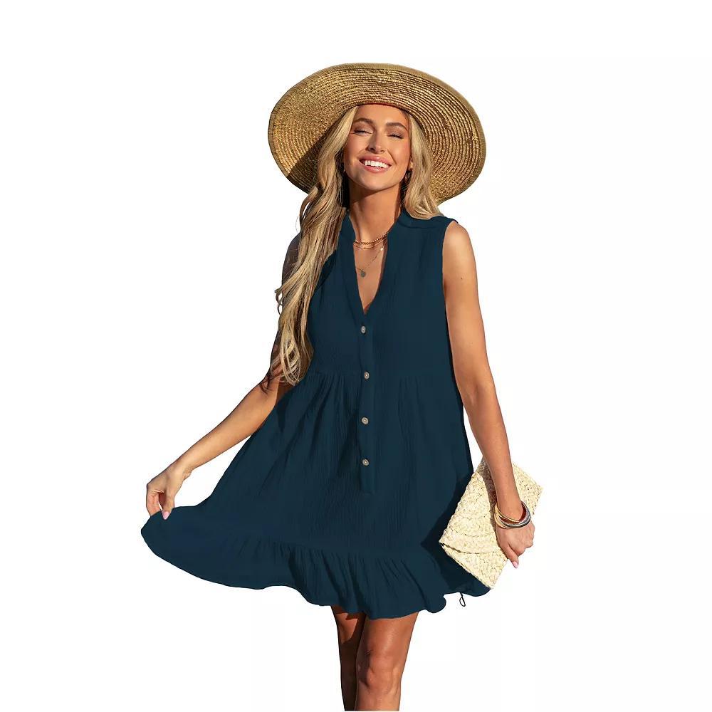 Women's Cupshe Button Front Ruffled Hem Cover-Up Mini Swim Dress, Size: XL, Blue Product Image