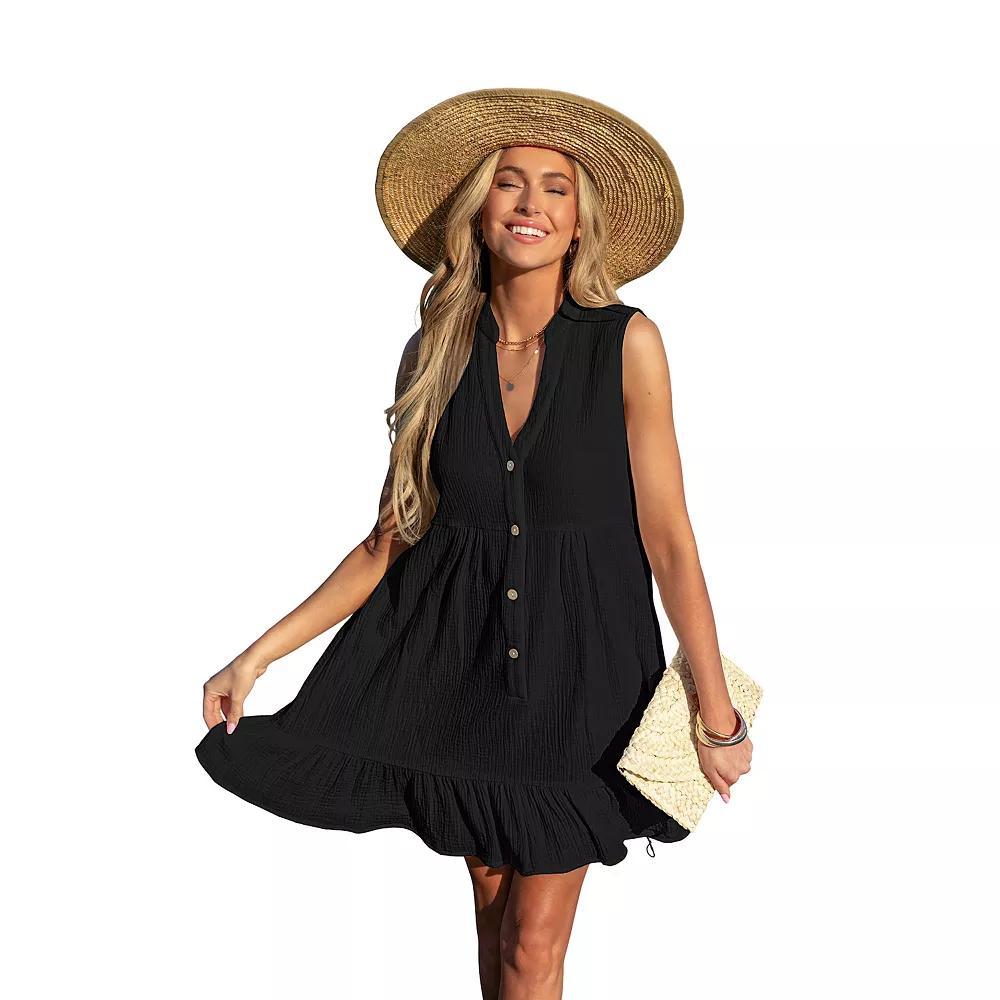 Women's Cupshe Button Front Ruffled Hem Cover-Up Mini Swim Dress, Size: Large, Black Product Image