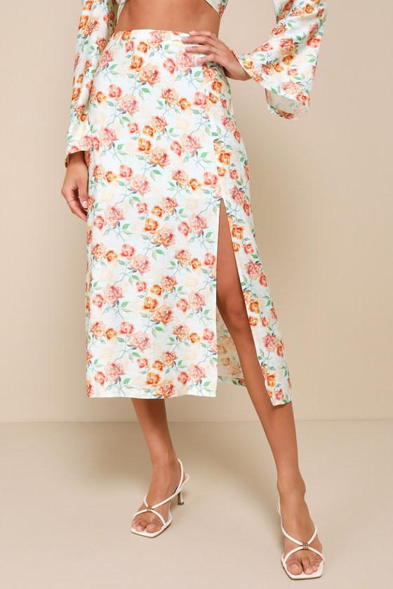 Cute Expertise Light Sage Green Floral High-Waisted Midi Skirt Product Image