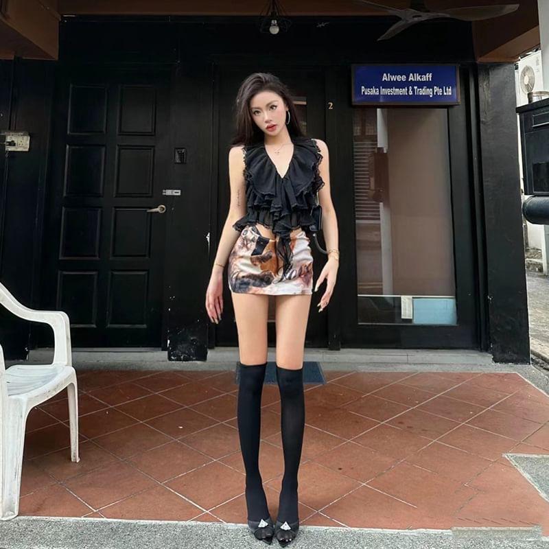 Halter V-Neck Plain Ruffled Crop Tank Top / Low Waist Graphic Print Mini Pencil Skirt Product Image