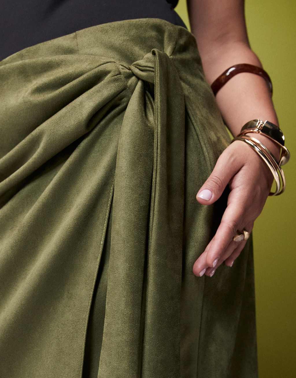 ASOS DESIGN Curve tie detail wrap suedette maxi skirt in khaki Product Image