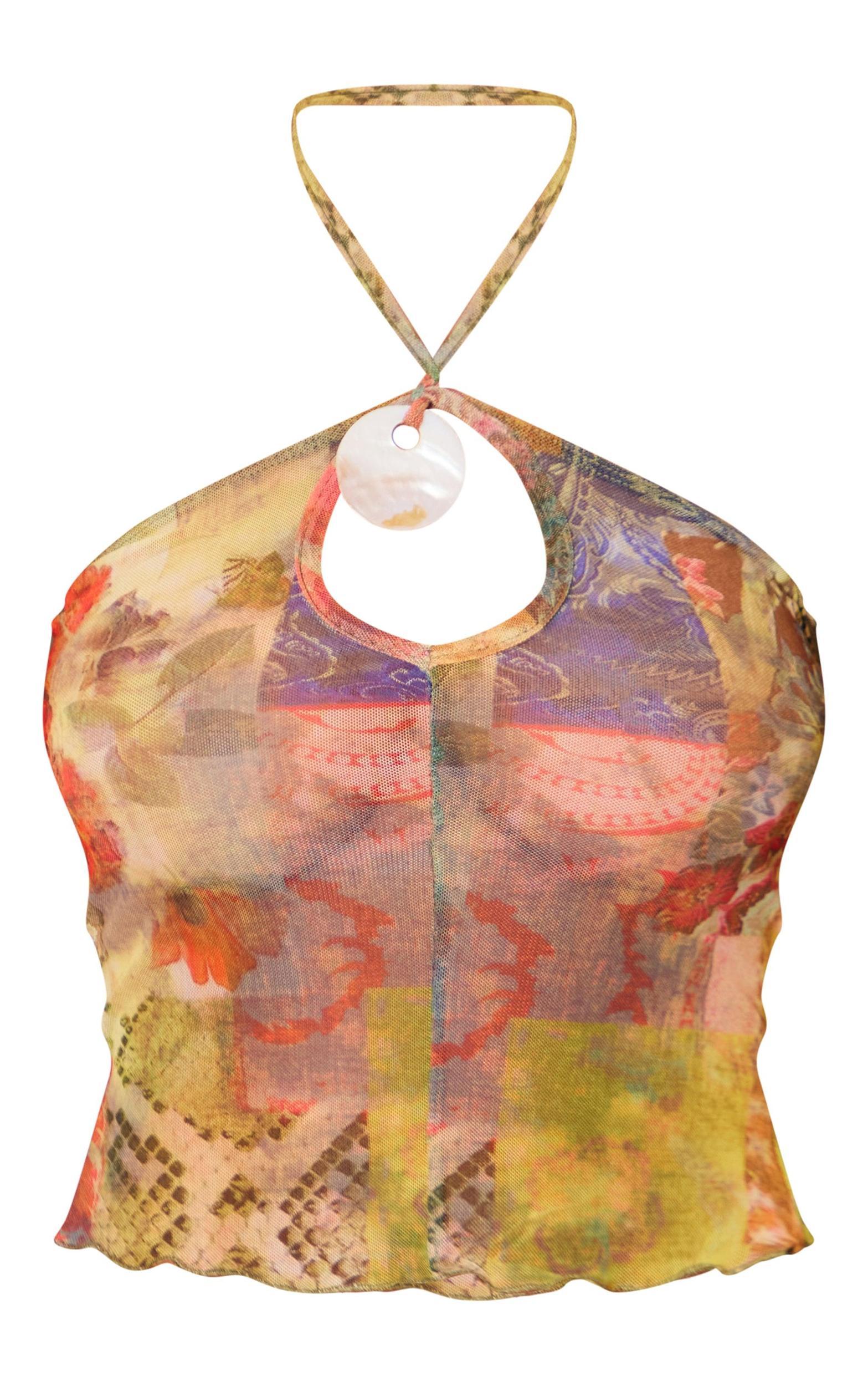 Multi Shell Detail Printed Mesh Halter Neck Crop Top Product Image