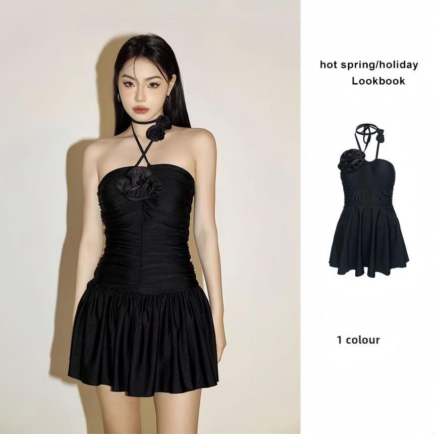 Halter Plain Flower Detail Ruched Swimdress Product Image