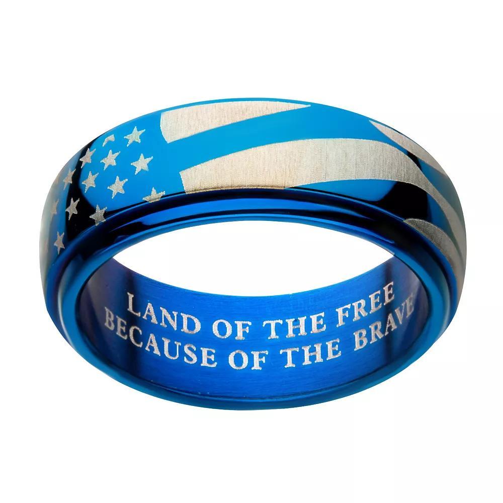 Men's Stainless Steel Blue Ion Plated Spinner American Flag Ring, Size: 12, Two Tone Product Image
