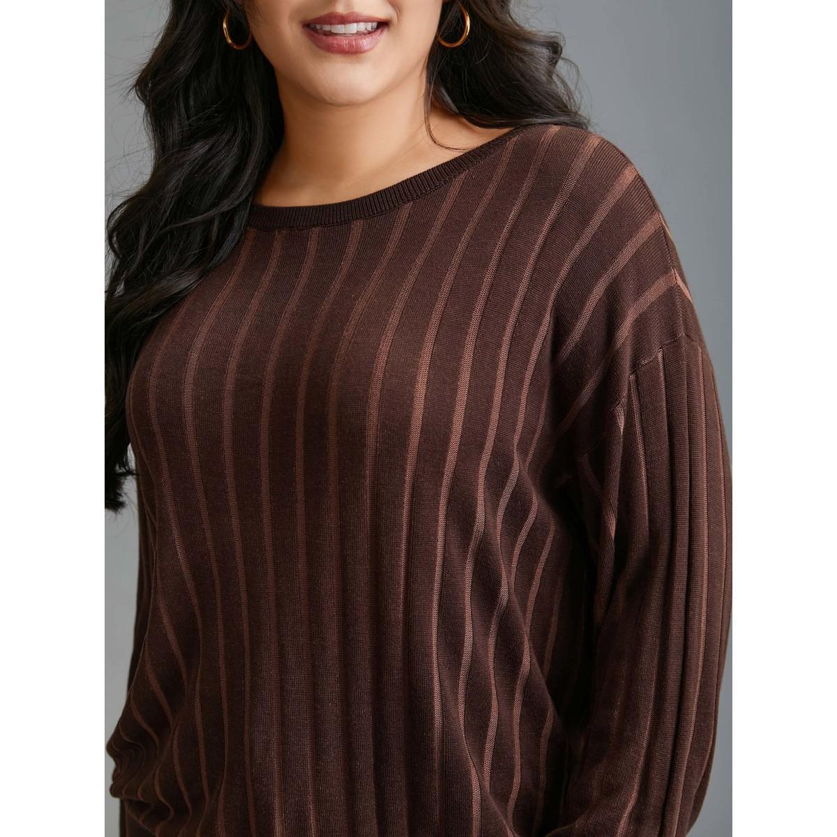 Plus Size Textured Ribbed Hem Round Neck Pullover Browncoffeecolor Women Casual Loose Long Sleeve Round Neck Everyday Pullovers BloomChic 12/L Product Image