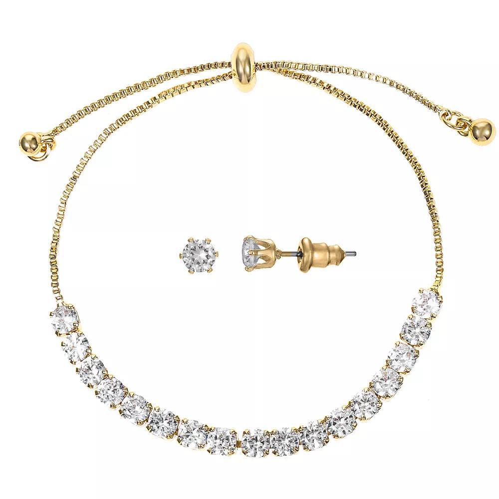 Gold Tone Cubic Zirconia Adjustable Bracelet & Stud Earrings Set, Women's, Size: 4-10" ADJ, Gold Tone Clear Product Image