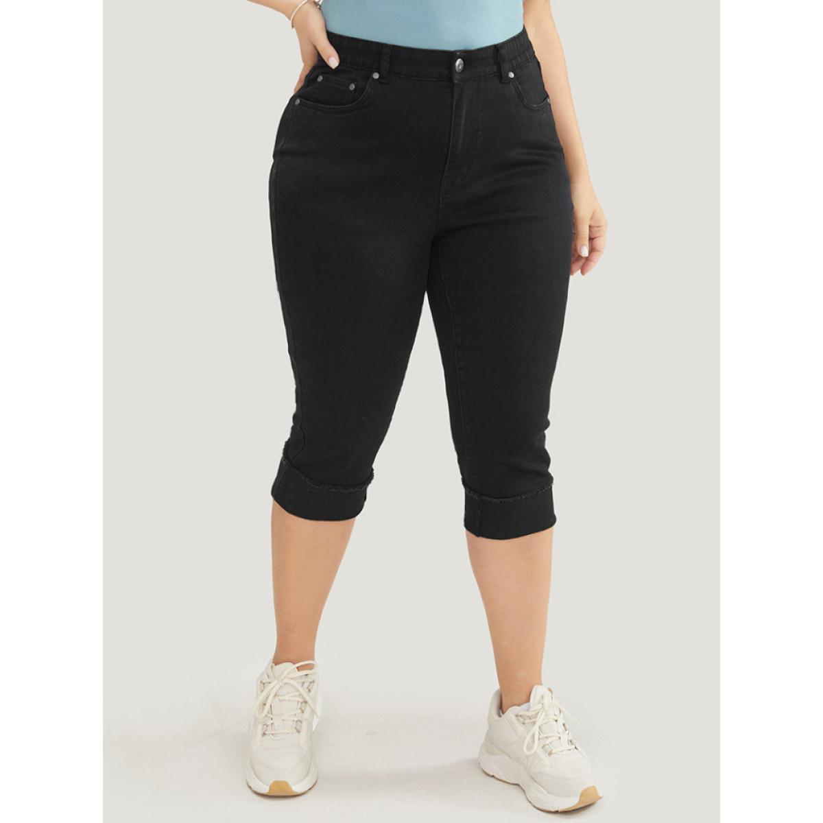 Plus Size Very Stretchy High Rise Black Wash Rivet Detail Knee Denim Shorts Women Black Casual Plain High stretch Pocket Jeans BloomChic 16/1X Product Image