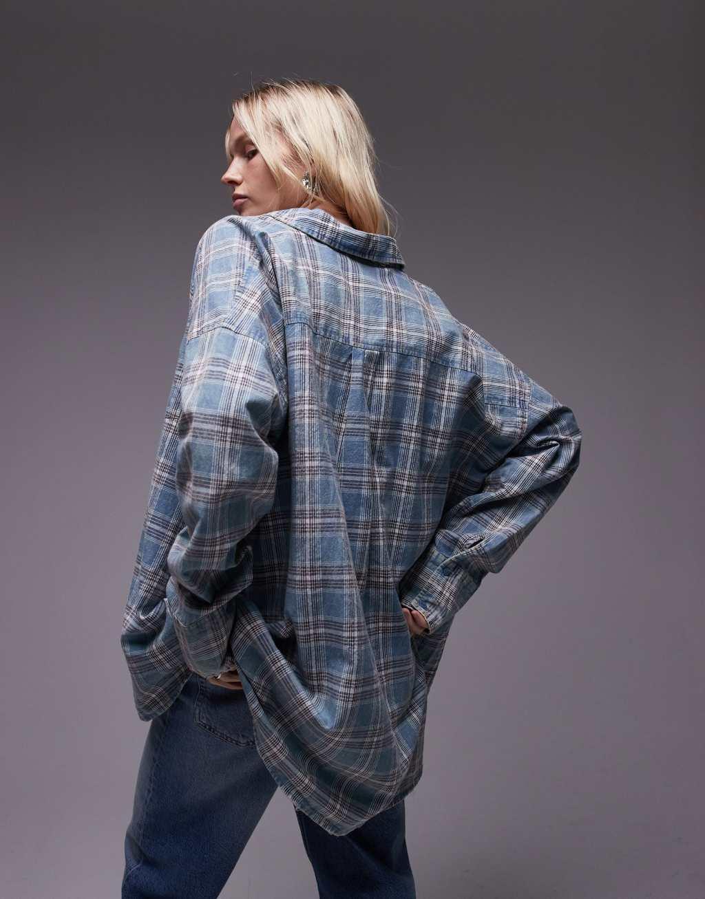 Topshop oversized shirt in washed blue check Product Image