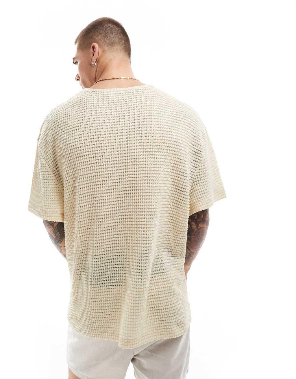 ASOS DESIGN oversized T-shirt with notch neck in beige crochet Product Image