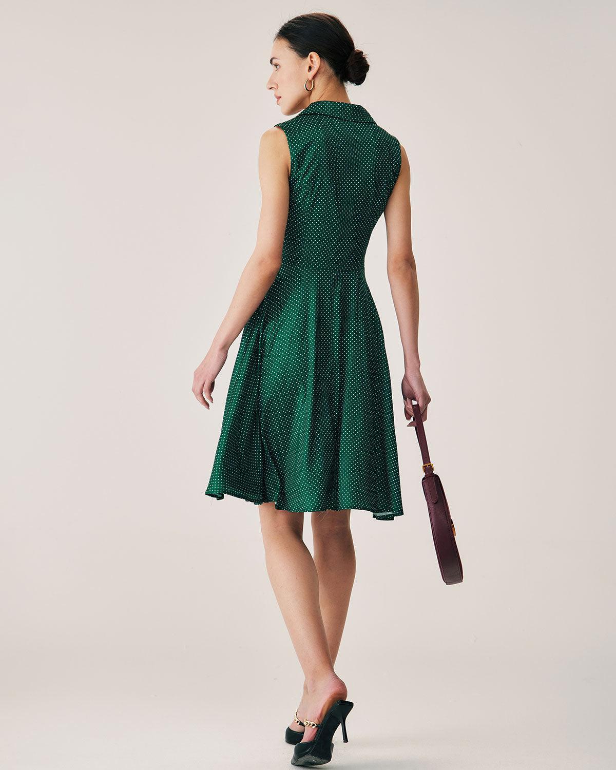 Green Polka Dot Sleeveless Midi Dress Product Image