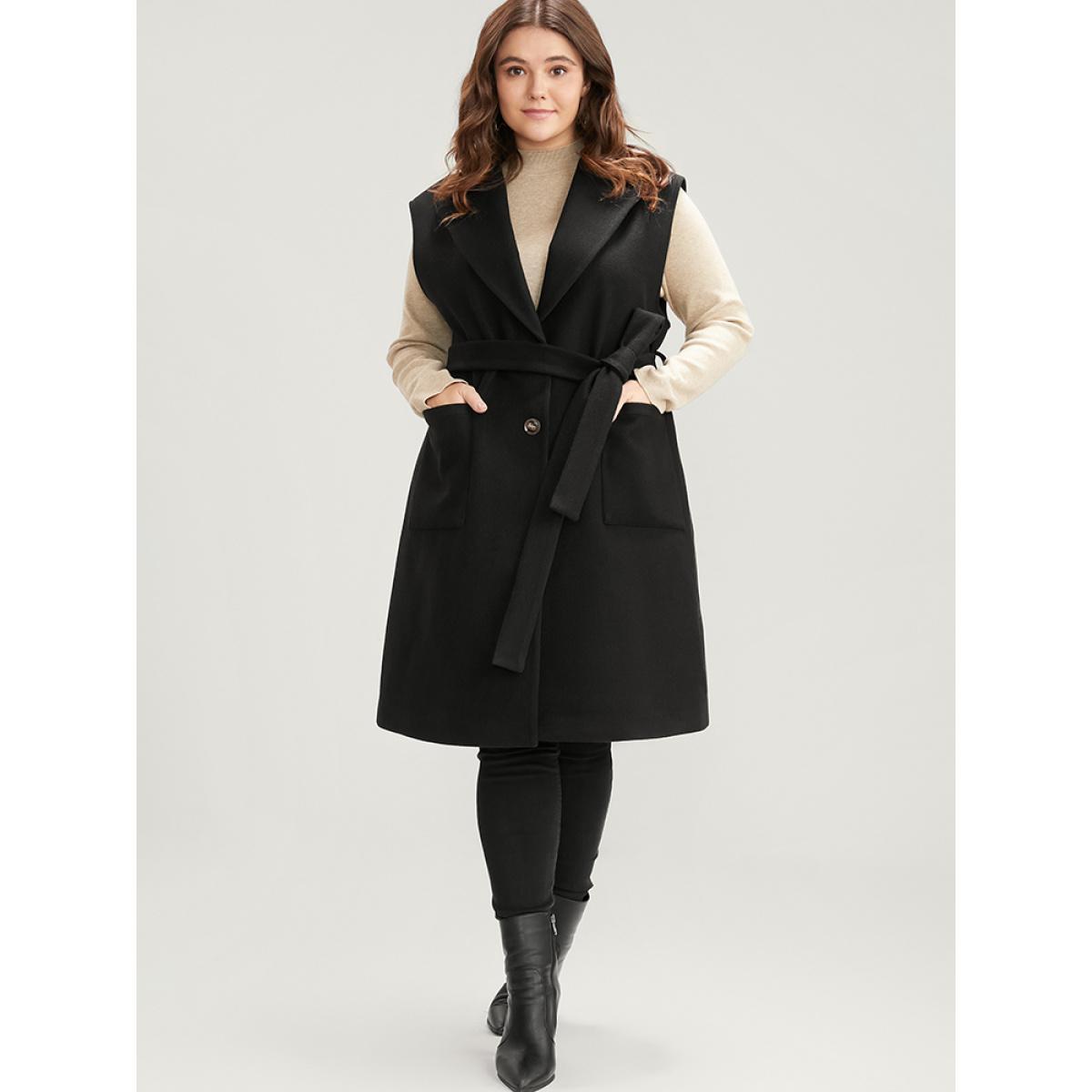 Plus Size Solid Suit Collar Pocket Belted Sleeveless Coat Women Black Office Cross straps Ladies Work Winter Coats BloomChic 12/L Product Image