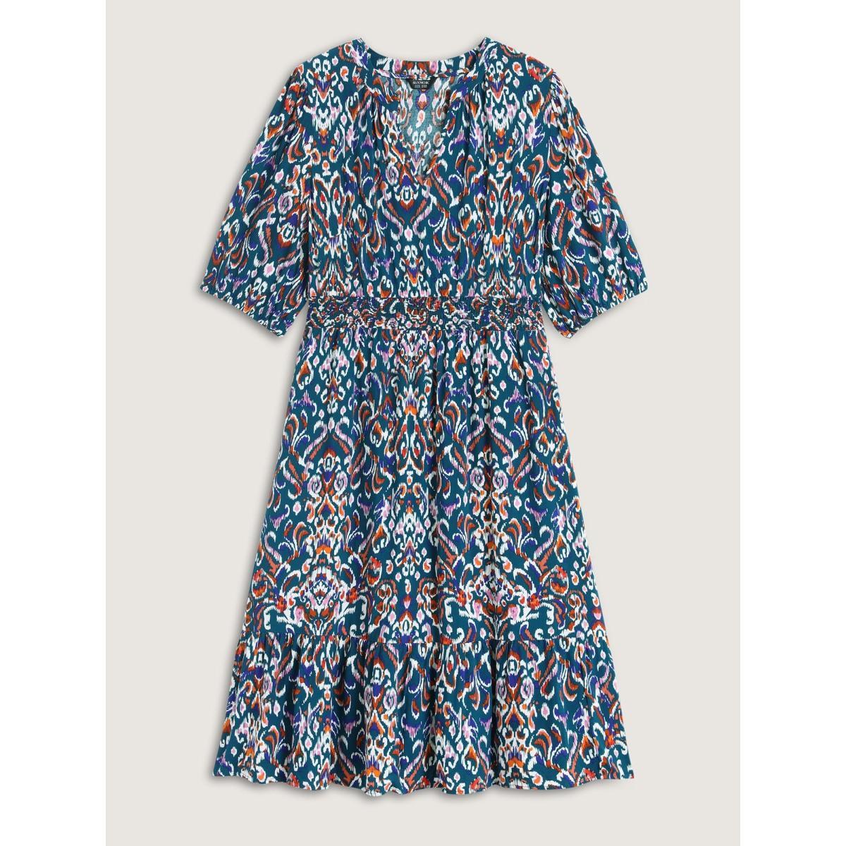 Plus Size Abstract Print Shirred Waist Midi Dress Aegean Women Flat collar with V-notch Half Sleeve Curvy BloomChic 18-20/2X Product Image