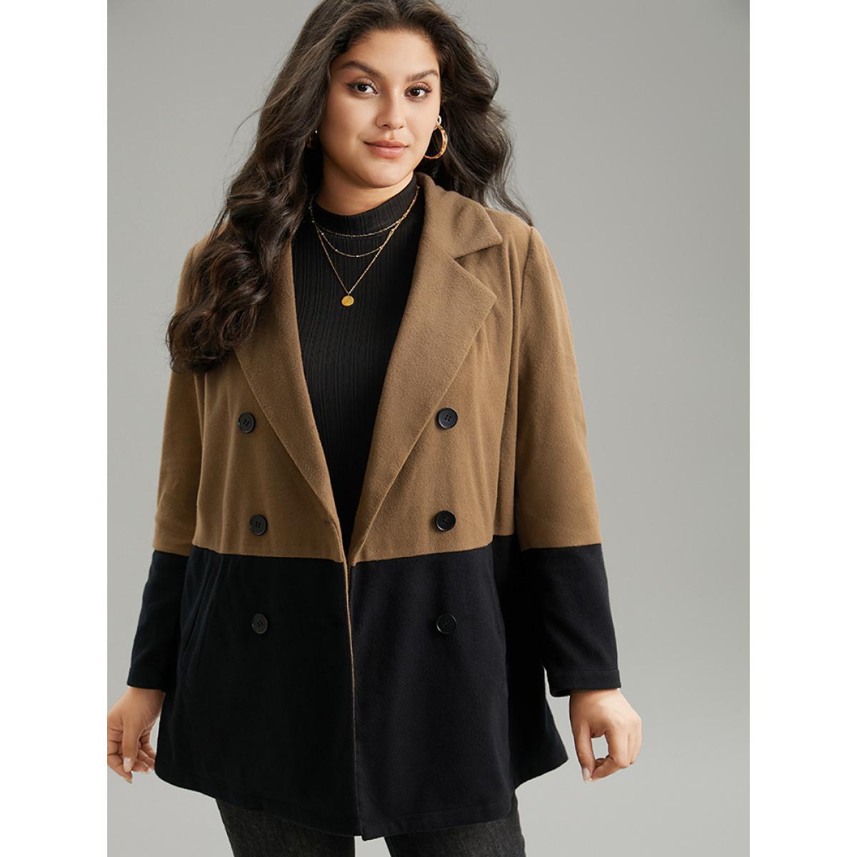 Plus Size Contrast Lapel Collar Double Breasted Pocket Coat Women DarkBrown Casual Contrast Ladies Dailywear Winter Coats BloomChic 18-20/2X Product Image
