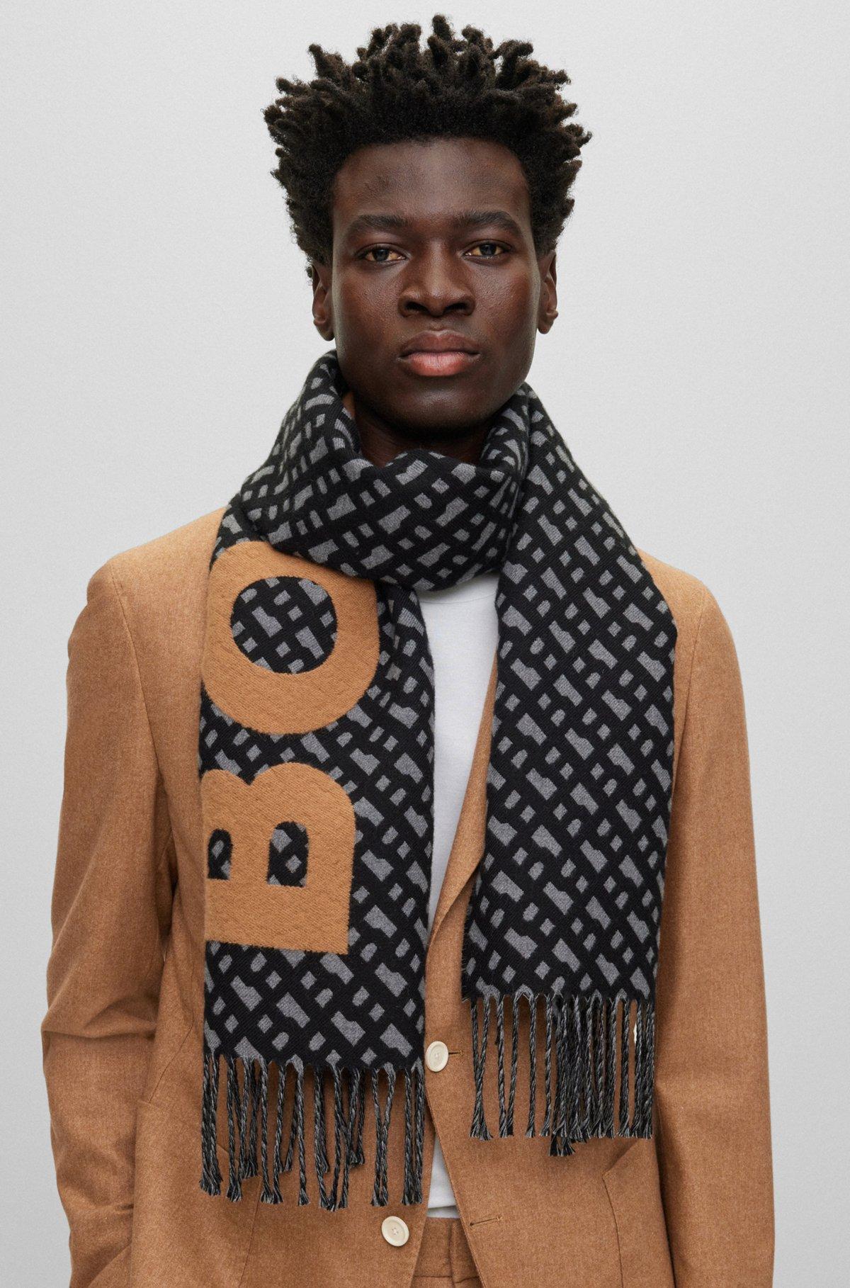 BOSS - Fringed scarf with logo and monograms - Black Product Image
